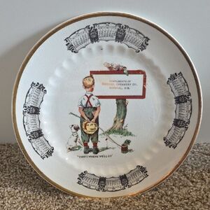Vintage Porcelain Advertising Plate with Gold Trim - 1930